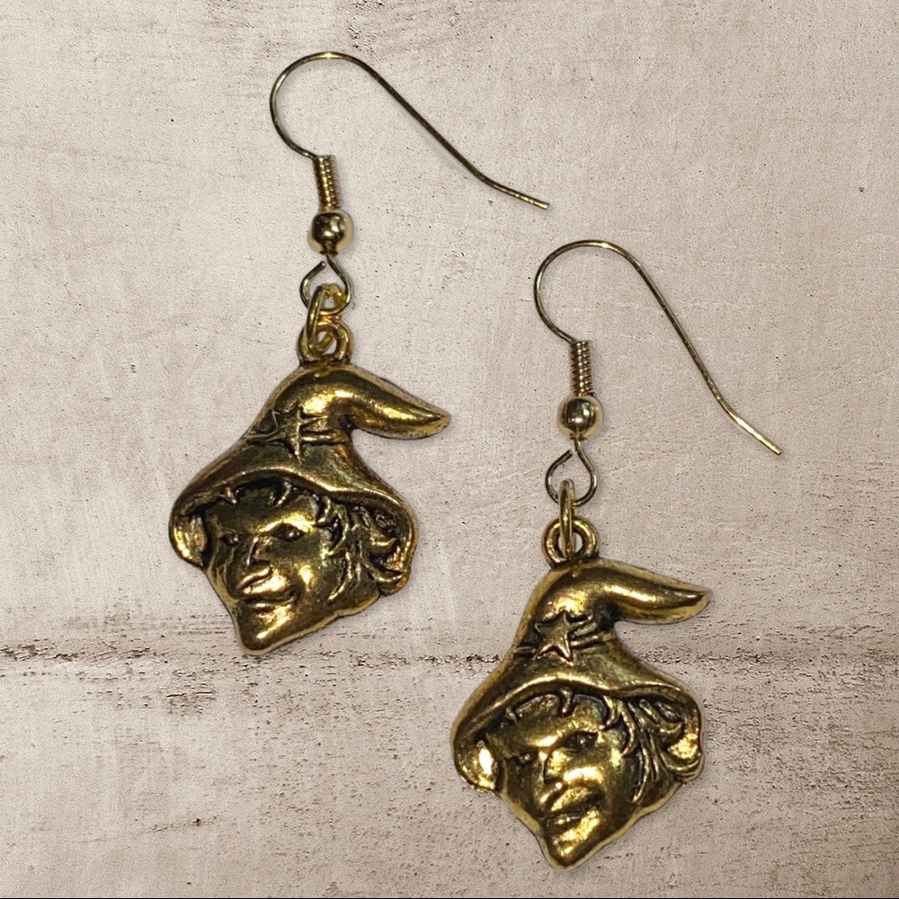 Hand Crafted Earrings Witch Dangle Pierced Halloween Charm Gold Spooky